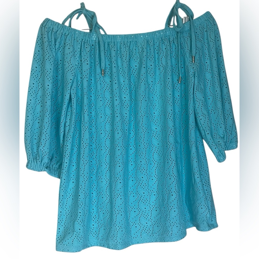 NWT: MICHAEL Michael Kors Blue Off the Shoulder W/ Straps Eyelet pattern Size M